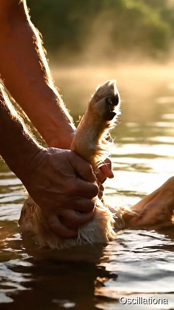 man's hands steady in the water, holding his dog's aching joints afloat.